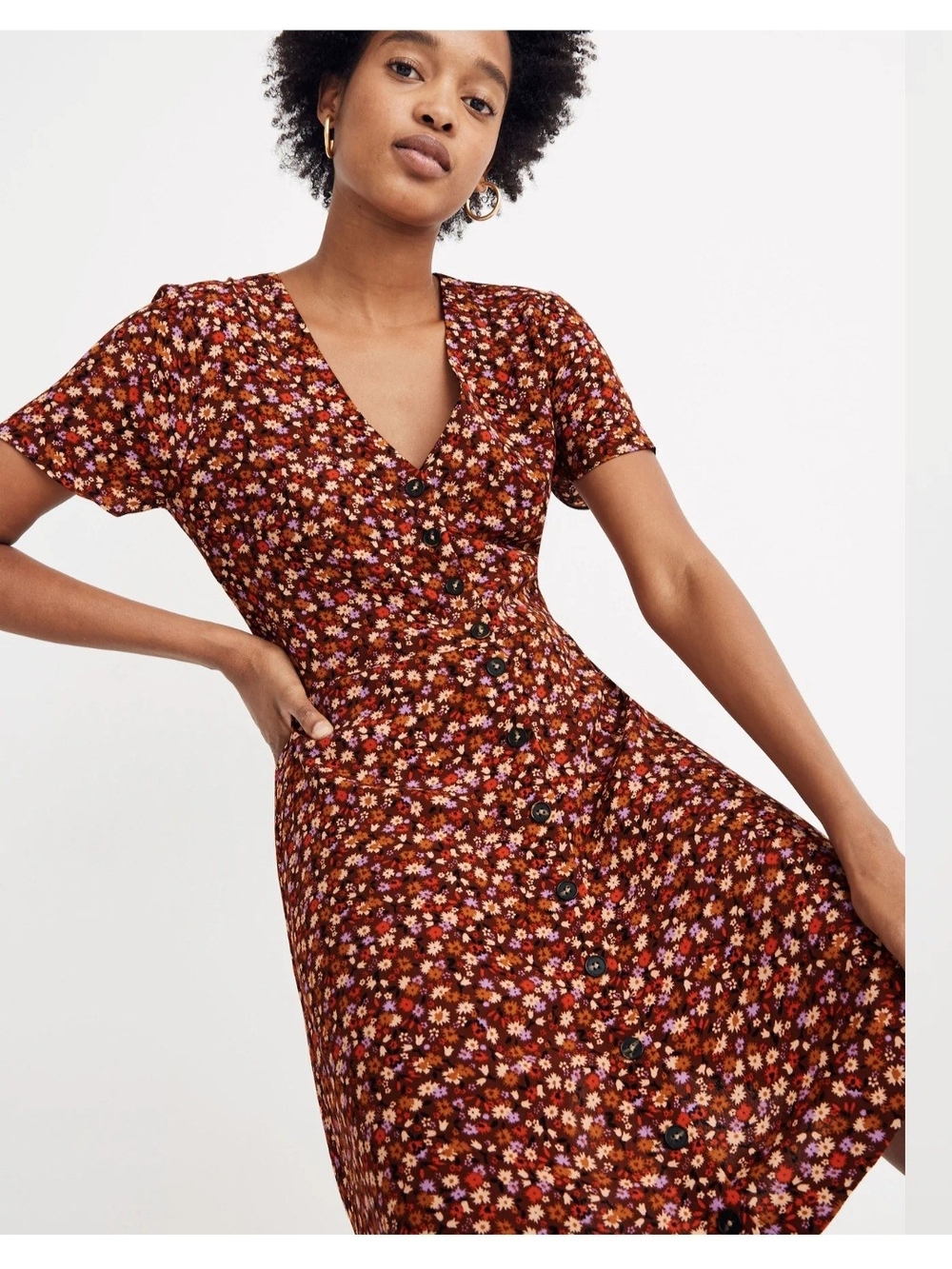 Madewell Spring Prairie Boho Festival 1970's Fall Floral Button V-Neck Dress